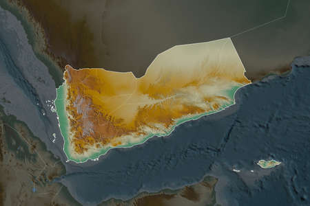 Shape of Yemen separated by the desaturation of neighboring areas. Borders. Topographic relief map. 3D renderingの写真素材