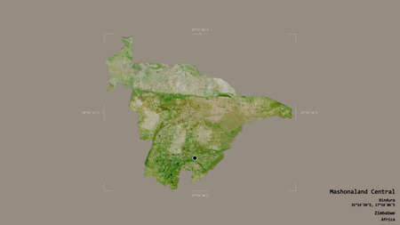 Area of Mashonaland Central, province of Zimbabwe, isolated on a solid background in a georeferenced bounding box. Labels. Satellite imagery. 3D renderingの写真素材