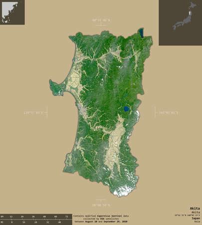 Akita, prefecture of Japan. Sentinel-2 satellite imagery. Shape isolated on solid background with...