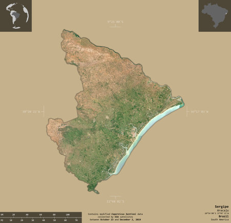 Sergipe, state of Brazil. Sentinel-2 satellite imagery. Shape isolated on solid background with informative overlays. Contains modified Copernicus Sentinel dataの写真素材
