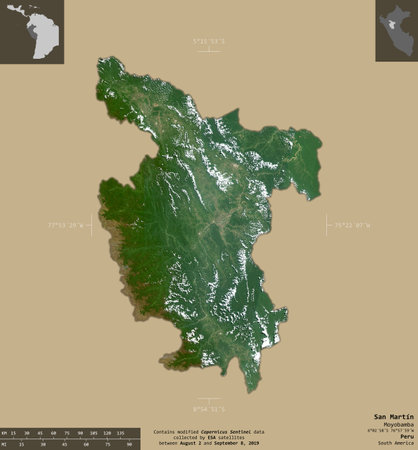 San Martin, region of Peru. Sentinel-2 satellite imagery. Shape isolated on solid background with informative overlays. Contains modified Copernicus Sentinel dataの写真素材