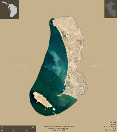 Callao, province of Peru. Sentinel-2 satellite imagery. Shape isolated on solid background with informative overlays. Contains modified Copernicus Sentinel dataの写真素材