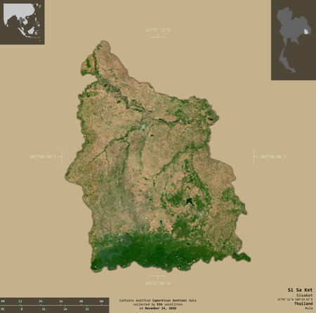 Si Sa Ket, province of Thailand. Sentinel-2 satellite imagery. Shape isolated on solid background with informative overlays. Contains modified Copernicus Sentinel dataの写真素材