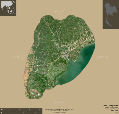 Samut Songkhram, province of Thailand. Sentinel-2 satellite imagery. Shape isolated on solid...