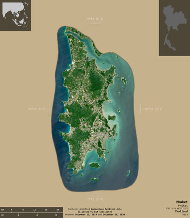 Phuket, province of Thailand. Sentinel-2 satellite imagery. Shape isolated on solid background with...