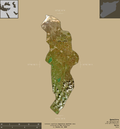 Quneitra, province of Syria. Sentinel-2 satellite imagery. Shape isolated on solid background with informative overlays. Contains modified Copernicus Sentinel dataの写真素材