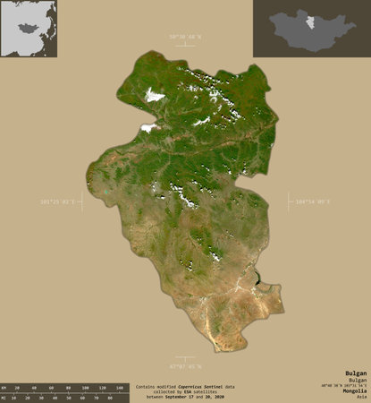 Bulgan, province of Mongolia. Sentinel-2 satellite imagery. Shape isolated on solid background with informative overlays. Contains modified Copernicus Sentinel dataの写真素材