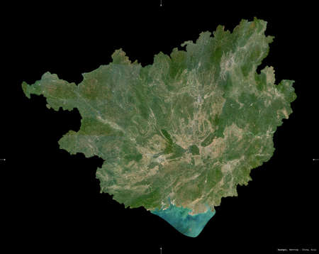 Guangxi, autonomous region of China. Sentinel-2 satellite imagery. Shape isolated on black. Description, location of the capital. Contains modified Copernicus Sentinel dataの写真素材