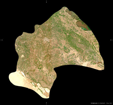 Al-Qadisiyah, province of Iraq. Sentinel-2 satellite imagery. Shape isolated on black. Description, location of the capital. Contains modified Copernicus Sentinel dataの写真素材