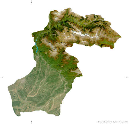 Samegrelo-Zemo Svaneti, region of Georgia. Sentinel-2 satellite imagery. Shape isolated on white. Description, location of the capital. Contains modified Copernicus Sentinel dataの写真素材
