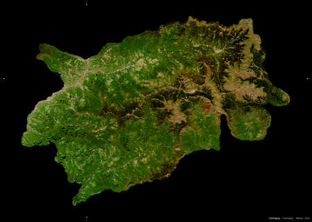 Trashigang, district of Bhutan. Sentinel-2 satellite imagery. Shape isolated on black. Description, location of the capital. Contains modified Copernicus Sentinel dataの写真素材