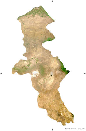 Ardebil, province of Iran. Sentinel-2 satellite imagery. Shape isolated on white solid. Description, location of the capital. Contains modified Copernicus Sentinel dataの写真素材