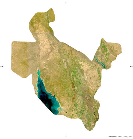 Sala ad-Din, province of Iraq. Sentinel-2 satellite imagery. Shape isolated on white solid. Description, location of the capital. Contains modified Copernicus Sentinel dataの写真素材