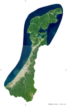 Ishikawa, prefecture of Japan. Sentinel-2 satellite imagery. Shape isolated on white. Description, location of the capital. Contains modified Copernicus Sentinel dataの写真素材