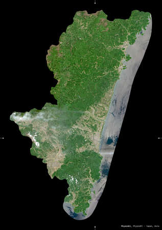 Miyazaki, prefecture of Japan. Sentinel-2 satellite imagery. Shape isolated on black. Description,...