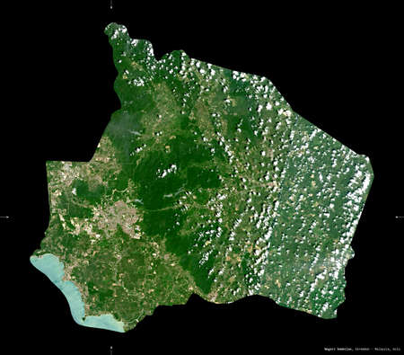 Negeri Sembilan, state of Malaysia. Sentinel-2 satellite imagery. Shape isolated on black. Description, location of the capital. Contains modified Copernicus Sentinel dataの写真素材