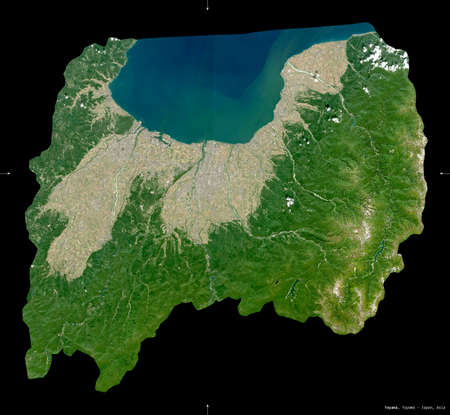 Toyama, prefecture of Japan. Sentinel-2 satellite imagery. Shape isolated on black. Description, location of the capital. Contains modified Copernicus Sentinel dataの写真素材