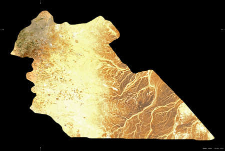 Amman, province of Jordan. Sentinel-2 satellite imagery. Shape isolated on black. Description, location of the capital. Contains modified Copernicus Sentinel dataの写真素材