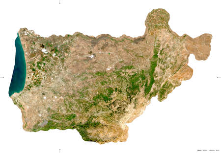 Akkar, governorate of Lebanon. Sentinel-2 satellite imagery. Shape isolated on white. Description, location of the capital. Contains modified Copernicus Sentinel dataの写真素材