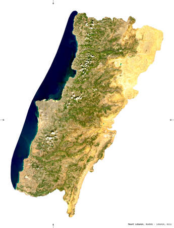 Mount Lebanon, governorate of Lebanon. Sentinel-2 satellite imagery. Shape isolated on white. Description, location of the capital. Contains modified Copernicus Sentinel dataの写真素材