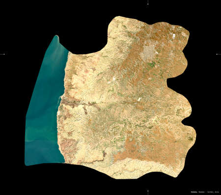 Madaba, province of Jordan. Sentinel-2 satellite imagery. Shape isolated on black. Description, location of the capital. Contains modified Copernicus Sentinel dataの写真素材