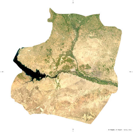 Ar Raqqah, province of Syria. Sentinel-2 satellite imagery. Shape isolated on white solid. Description, location of the capital. Contains modified Copernicus Sentinel dataの写真素材
