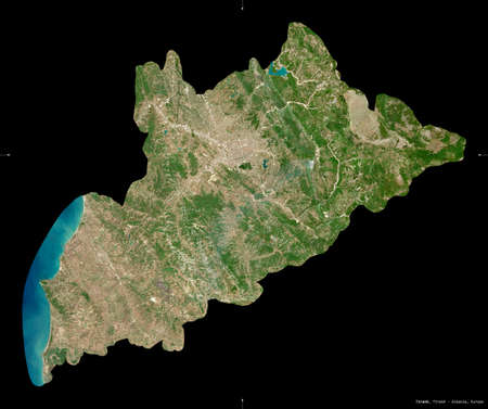Tirane, county of Albania. Sentinel-2 satellite imagery. Shape isolated on black. Description, location of the capital. Contains modified Copernicus Sentinel dataの写真素材