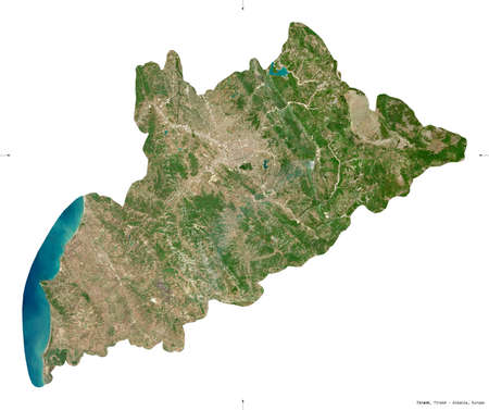 Tirane, county of Albania. Sentinel-2 satellite imagery. Shape isolated on white. Description, location of the capital. Contains modified Copernicus Sentinel dataの写真素材