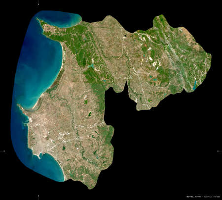 Durres, county of Albania. Sentinel-2 satellite imagery. Shape isolated on black. Description, location of the capital. Contains modified Copernicus Sentinel dataの写真素材