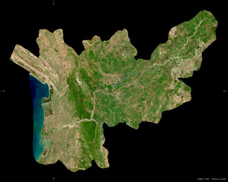 Lezhe, county of Albania. Sentinel-2 satellite imagery. Shape isolated on black. Description, location of the capital. Contains modified Copernicus Sentinel dataの写真素材