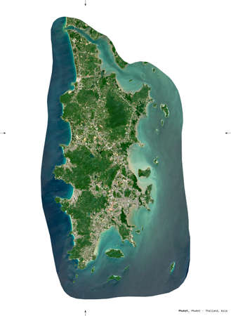 Phuket, province of Thailand. Sentinel-2 satellite imagery. Shape isolated on white. Description, location of the capital. Contains modified Copernicus Sentinel dataの写真素材