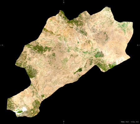 Afyon, province of Turkey. Sentinel-2 satellite imagery. Shape isolated on black. Description, location of the capital. Contains modified Copernicus Sentinel dataの写真素材