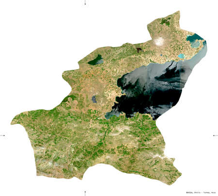 Bitlis, province of Turkey. Sentinel-2 satellite imagery. Shape isolated on white. Description, location of the capital. Contains modified Copernicus Sentinel dataの写真素材
