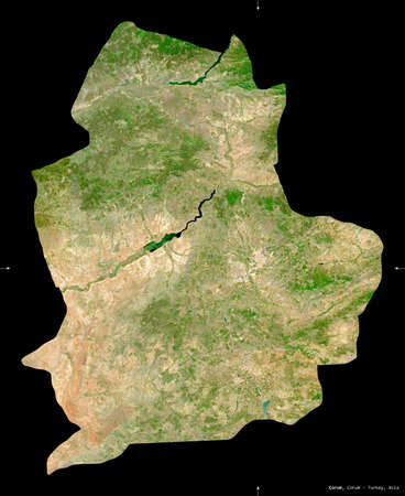 Corum, province of Turkey. Sentinel-2 satellite imagery. Shape isolated on black. Description, location of the capital. Contains modified Copernicus Sentinel dataの写真素材