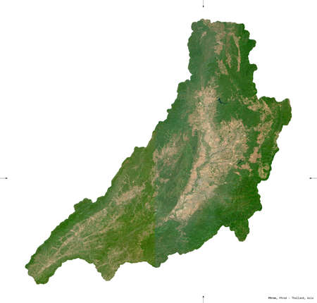 Phrae, province of Thailand. Sentinel-2 satellite imagery. Shape isolated on white. Description, location of the capital. Contains modified Copernicus Sentinel dataの写真素材