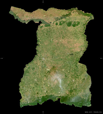 Surin, province of Thailand. Sentinel-2 satellite imagery. Shape isolated on black. Description, location of the capital. Contains modified Copernicus Sentinel dataの写真素材