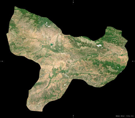 Amasya, province of Turkey. Sentinel-2 satellite imagery. Shape isolated on black. Description, location of the capital. Contains modified Copernicus Sentinel dataの写真素材