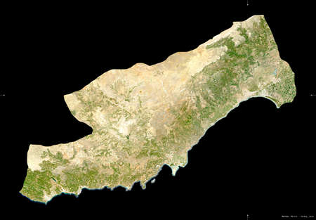 Mersin, province of Turkey. Sentinel-2 satellite imagery. Shape isolated on black. Description, location of the capital. Contains modified Copernicus Sentinel dataの写真素材