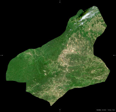 Karabuk, province of Turkey. Sentinel-2 satellite imagery. Shape isolated on black. Description, location of the capital. Contains modified Copernicus Sentinel dataの写真素材