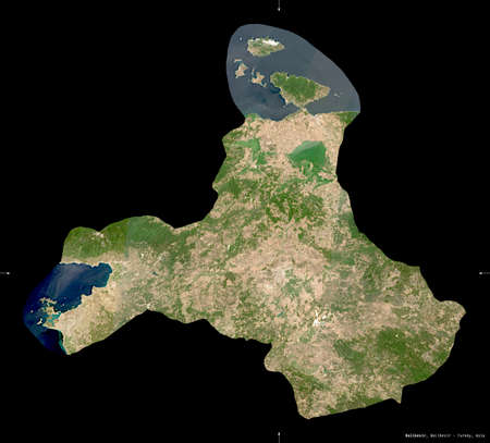 Balikesir, province of Turkey. Sentinel-2 satellite imagery. Shape isolated on black. Description,...