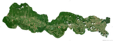 Brodsko-Posavska, county of Croatia. Sentinel-2 satellite imagery. Shape isolated on white. Description, location of the capital. Contains modified Copernicus Sentinel dataの写真素材