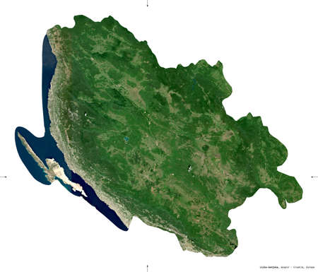 Licko-Senjska, county of Croatia. Sentinel-2 satellite imagery. Shape isolated on white. Description, location of the capital. Contains modified Copernicus Sentinel dataの写真素材