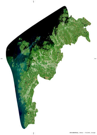 Ostrobothnia, region of Finland. Sentinel-2 satellite imagery. Shape isolated on white. Description, location of the capital. Contains modified Copernicus Sentinel dataの写真素材