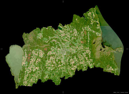 Tartu, county of Estonia. Sentinel-2 satellite imagery. Shape isolated on black. Description, location of the capital. Contains modified Copernicus Sentinel dataの写真素材