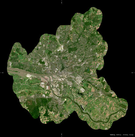 Hamburg, state of Germany. Sentinel-2 satellite imagery. Shape isolated on black. Description,...