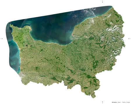 Normandie, region of France. Sentinel-2 satellite imagery. Shape isolated on white. Description,...