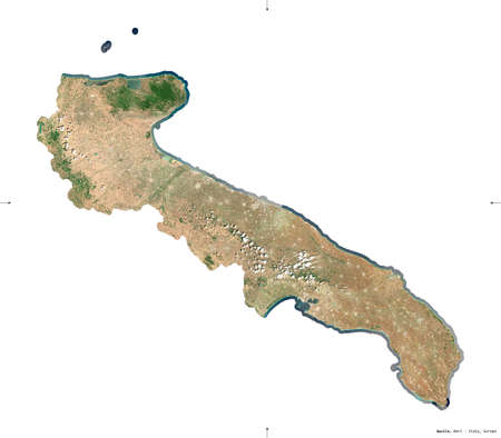 Apulia, region of Italy. Sentinel-2 satellite imagery. Shape isolated on white. Description, location of the capital. Contains modified Copernicus Sentinel dataの写真素材