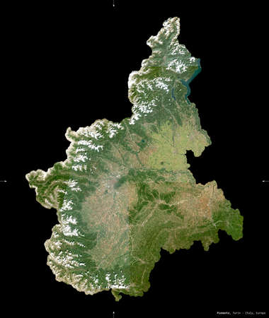Piemonte, region of Italy. Sentinel-2 satellite imagery. Shape isolated on black. Description, location of the capital. Contains modified Copernicus Sentinel dataの写真素材