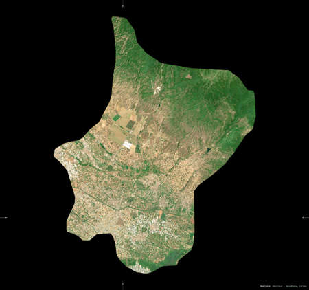 Bosilovo, municipality of Macedonia. Sentinel-2 satellite imagery. Shape isolated on black. Description, location of the capital. Contains modified Copernicus Sentinel dataの写真素材