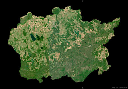 Alytaus, county of Lithuania. Sentinel-2 satellite imagery. Shape isolated on black. Description, location of the capital. Contains modified Copernicus Sentinel dataの写真素材